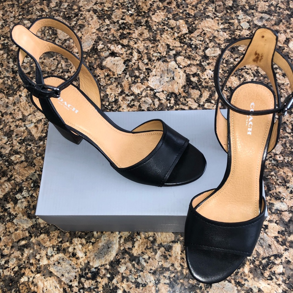 Black Leather Coach sandal heels, size 8.5